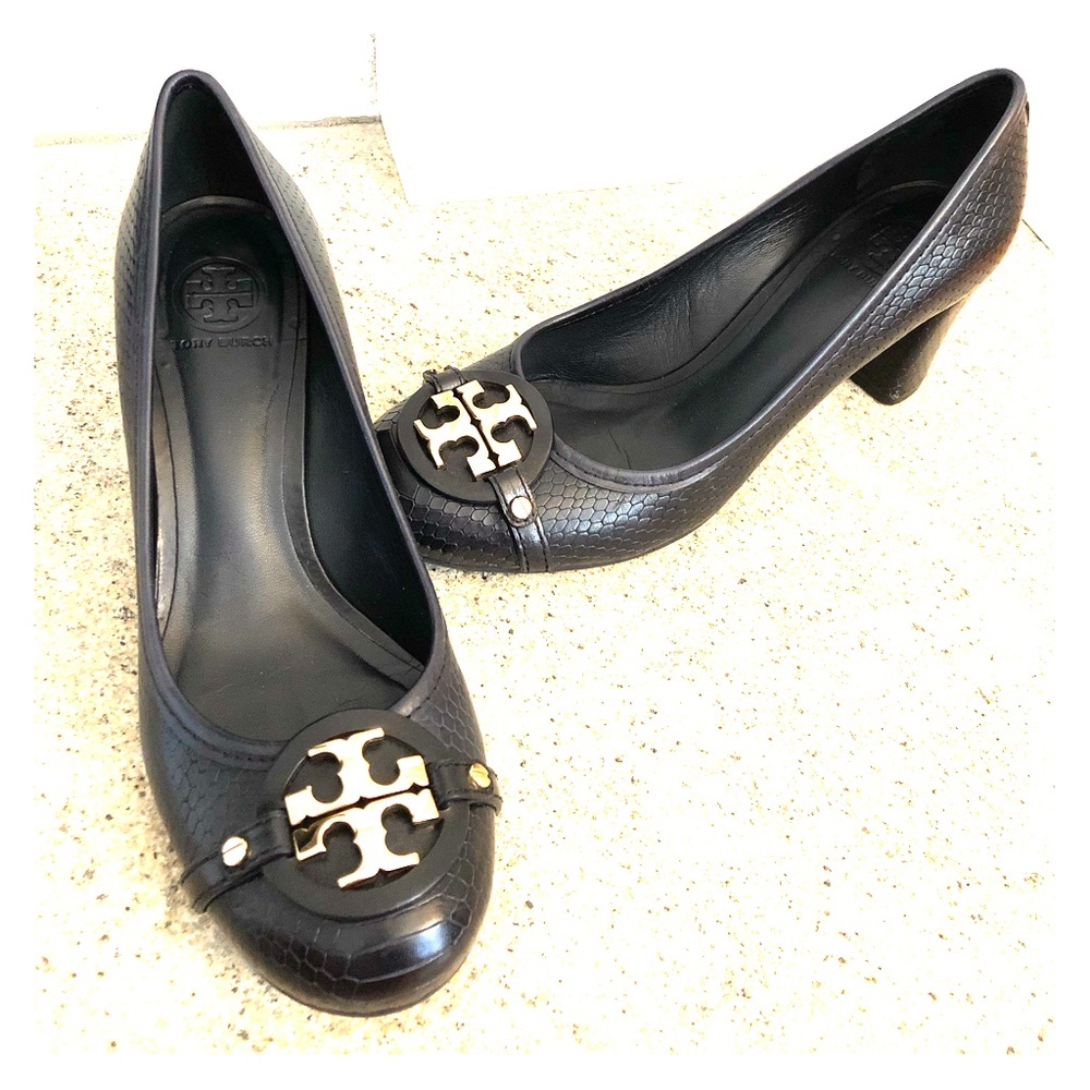 Tory Burch Navy Embossed Snake Skin Heels